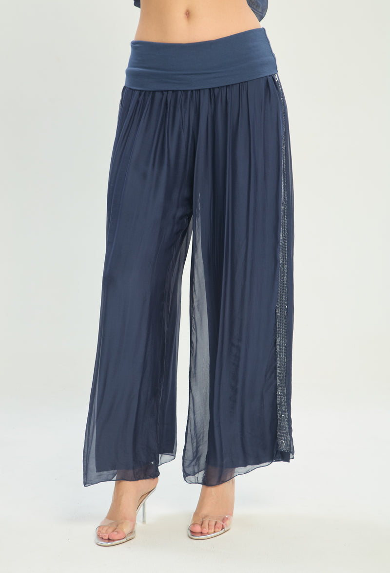 Pantalón Seda Franja de Lentejuelas azul noche BYBLA