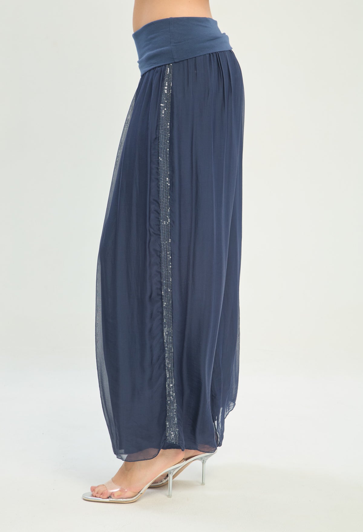 Pantalón Seda Franja de Lentejuelas azul noche BYBLA