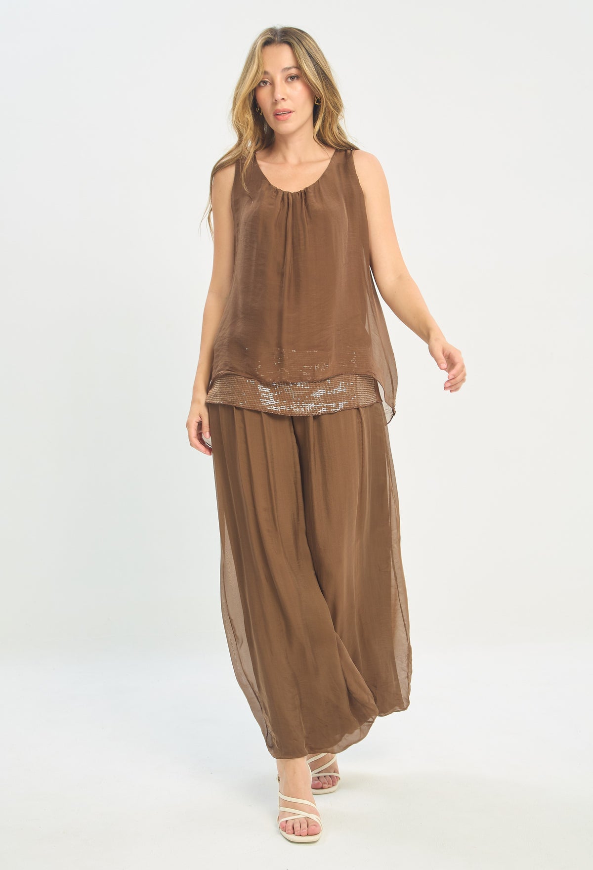 Pantalón Seda Pretina Ancha café chocolate BYBLA
