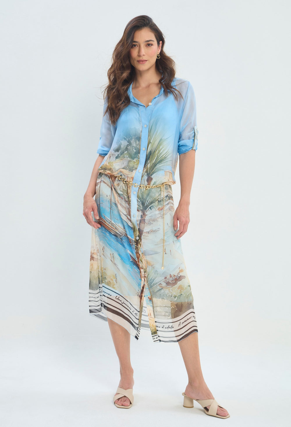 Vestido Camisero Paisaje Acuarela azul cielo BYBLA
