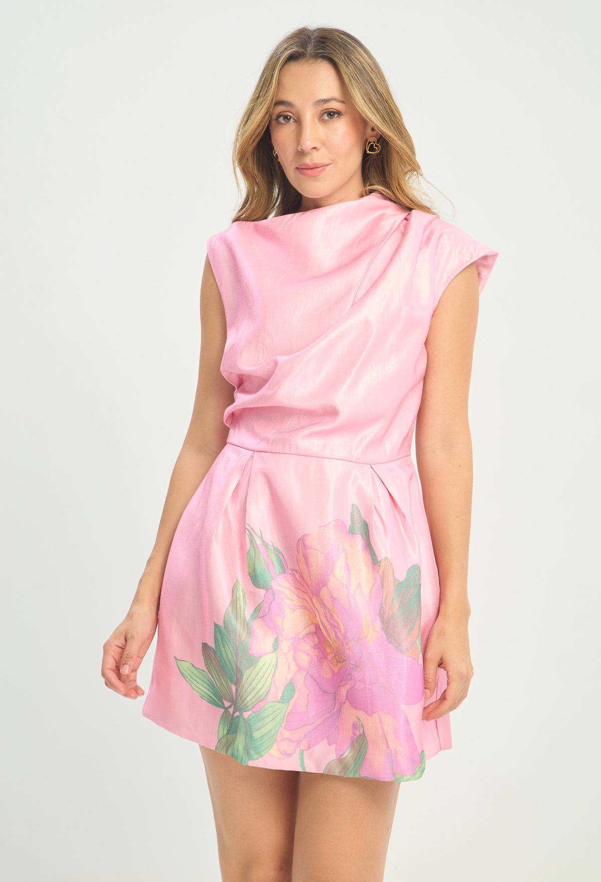Vestido Corto Cuello Drapeado Rosa BYBLA