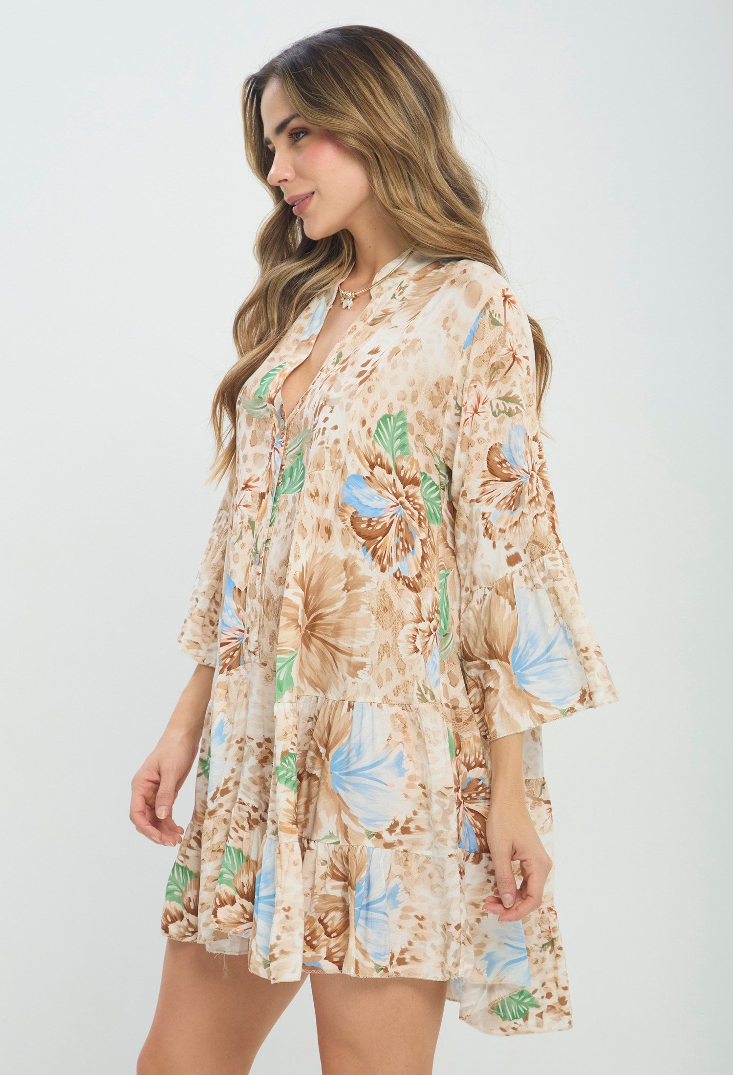 Vestido corto beige con estampado tropical y manga abullonada - vista 3