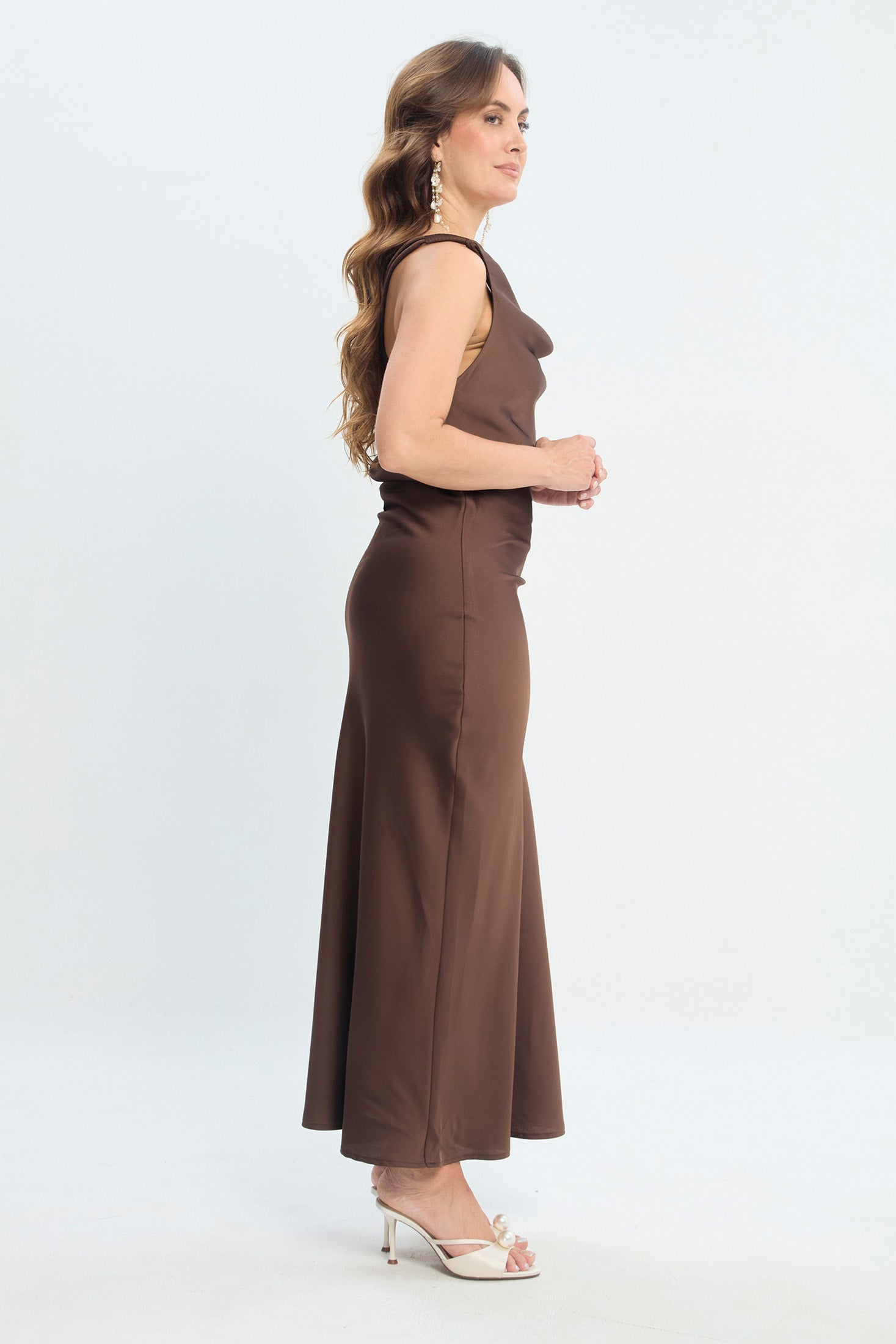 Vestido Satín Escote Drapeado NEW