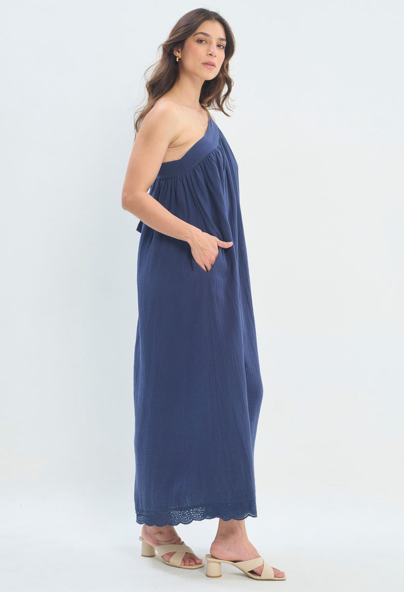 Vestido Largo Asimétrico Fruncido azul marino sale BYBLA