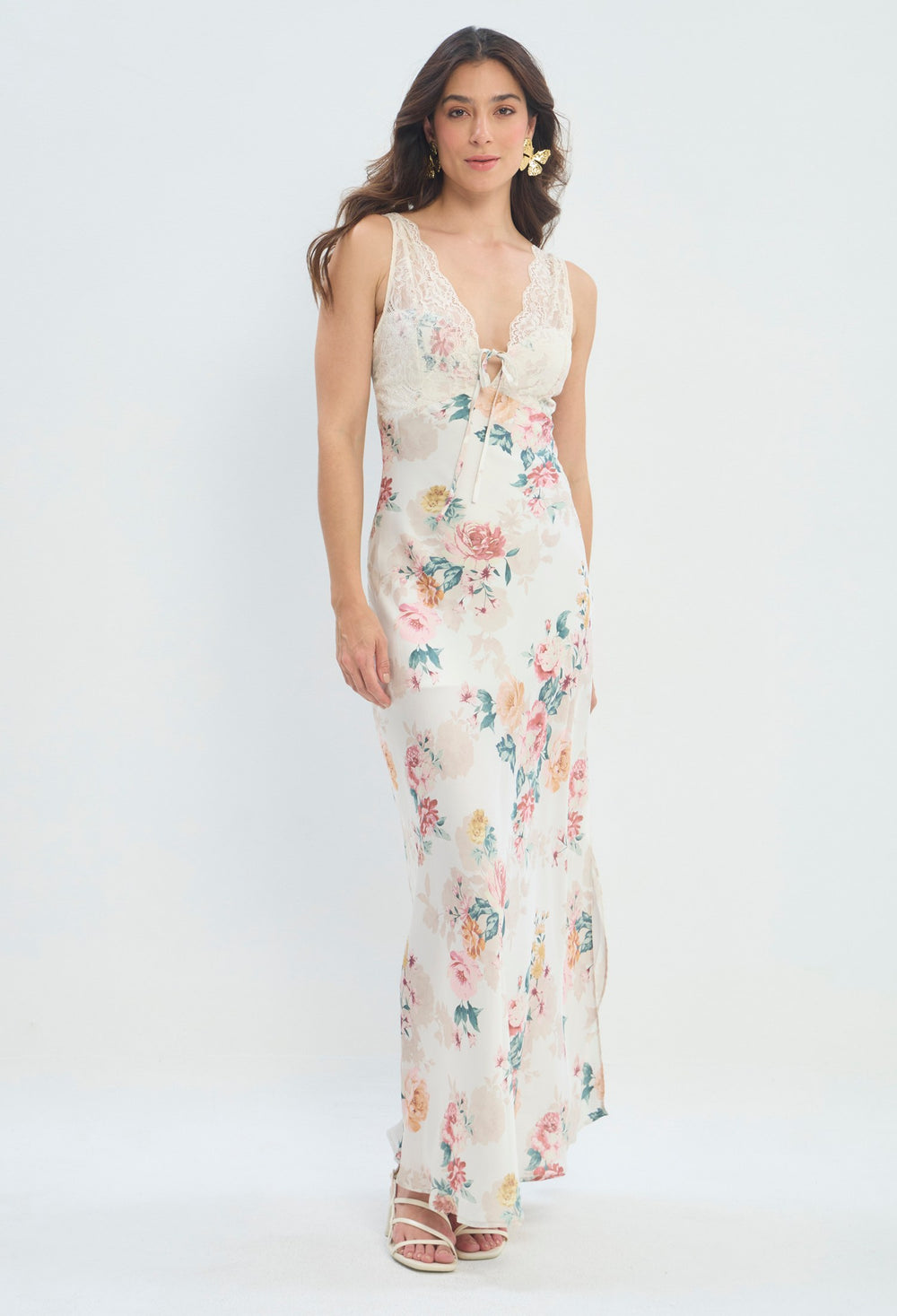 Vestido Largo Floral con Encaje crema floral rosado sale BYBLA