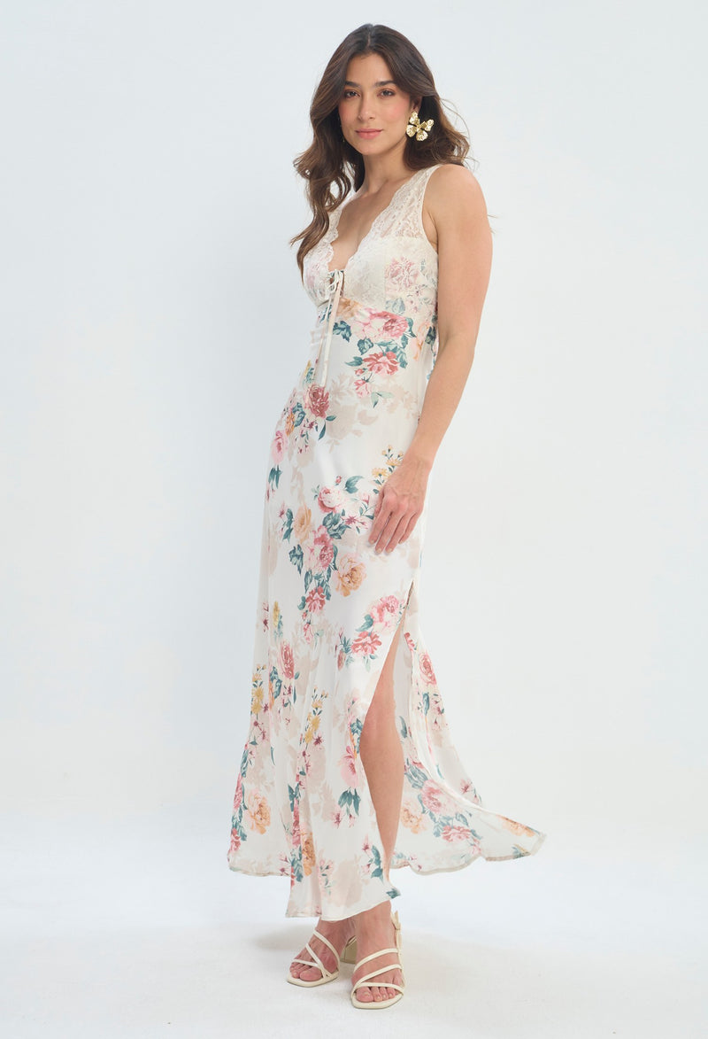Vestido Largo Floral con Encaje crema floral rosado sale BYBLA