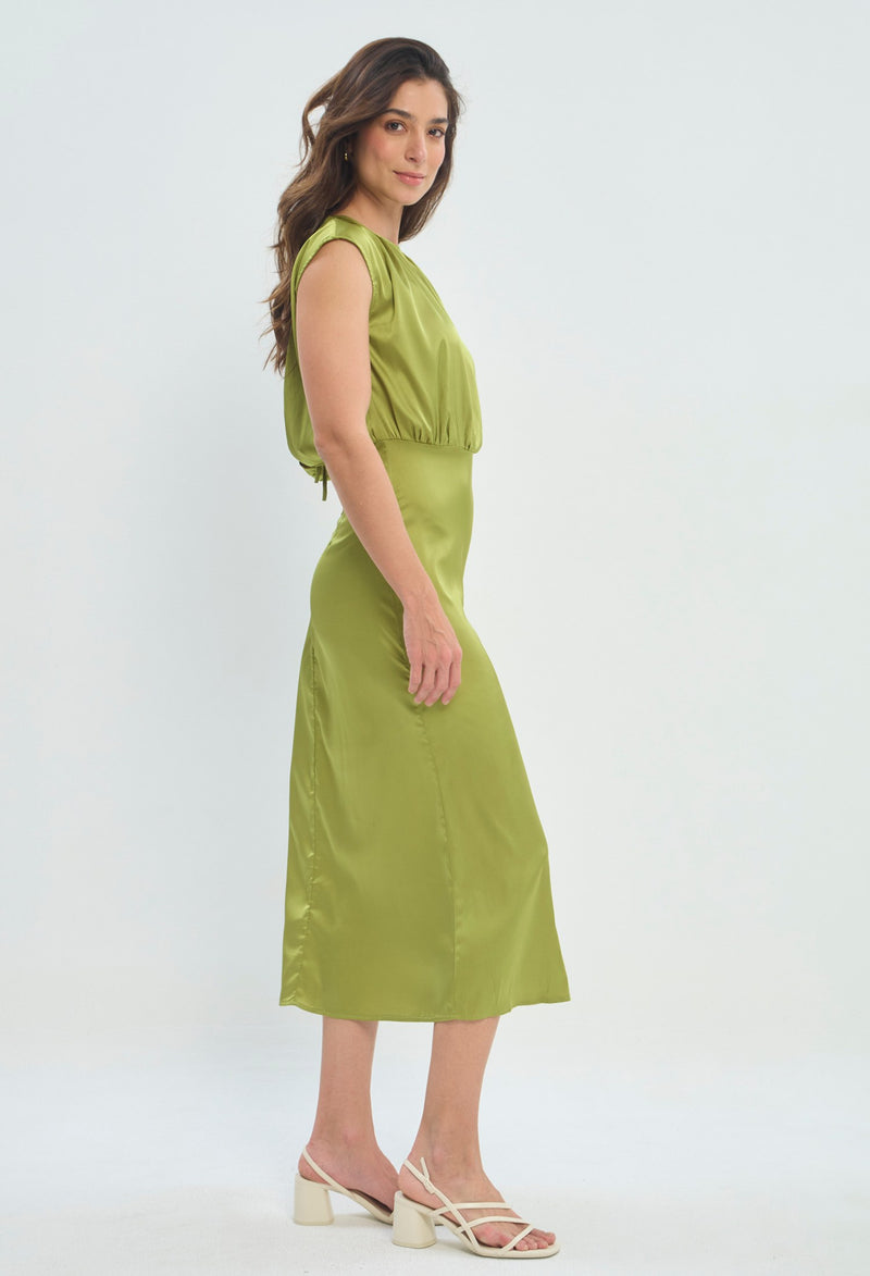 Vestido Largo Cuello Fruncido verde oliva sale BYBLA