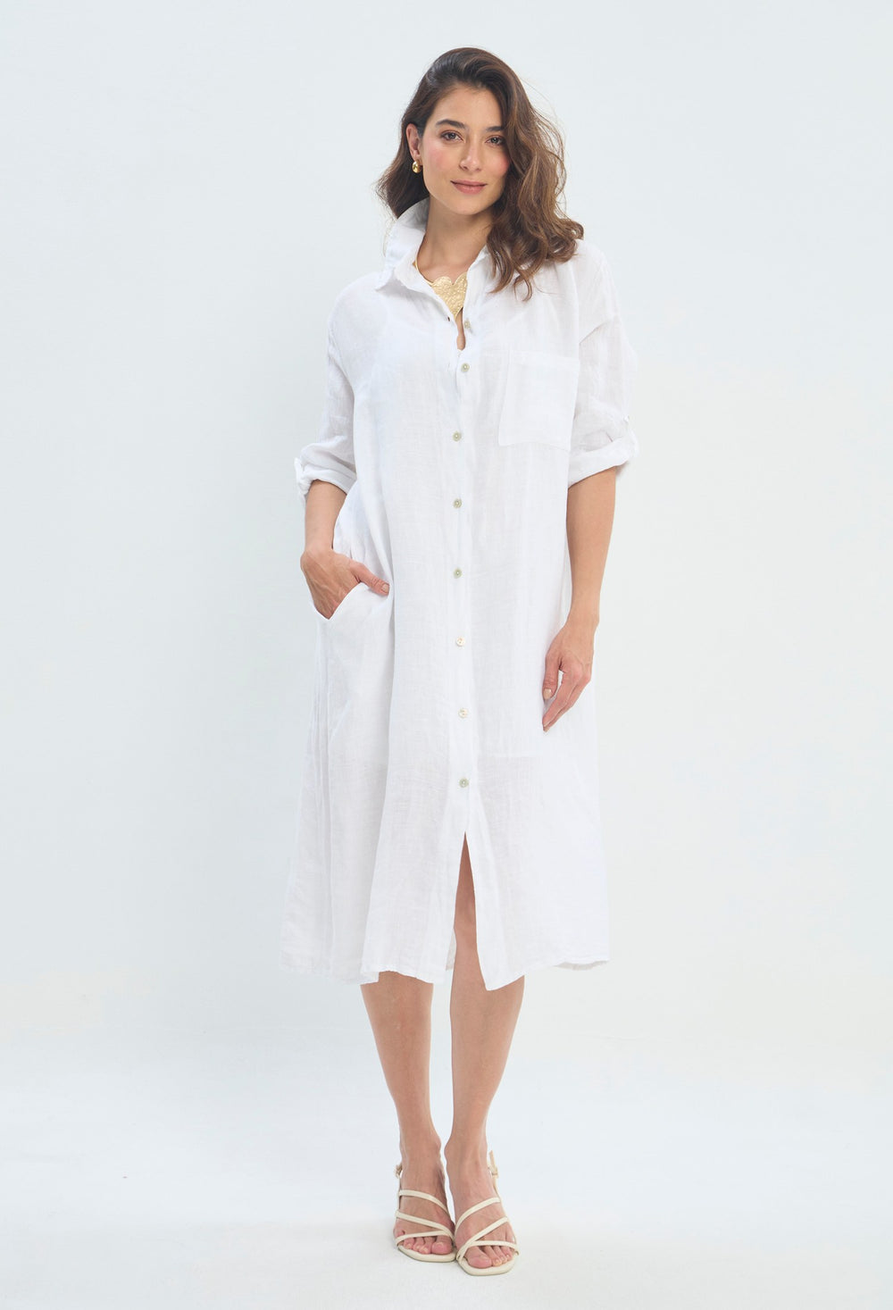 Vestido Largo Camisero Botones blanco sale BYBLA