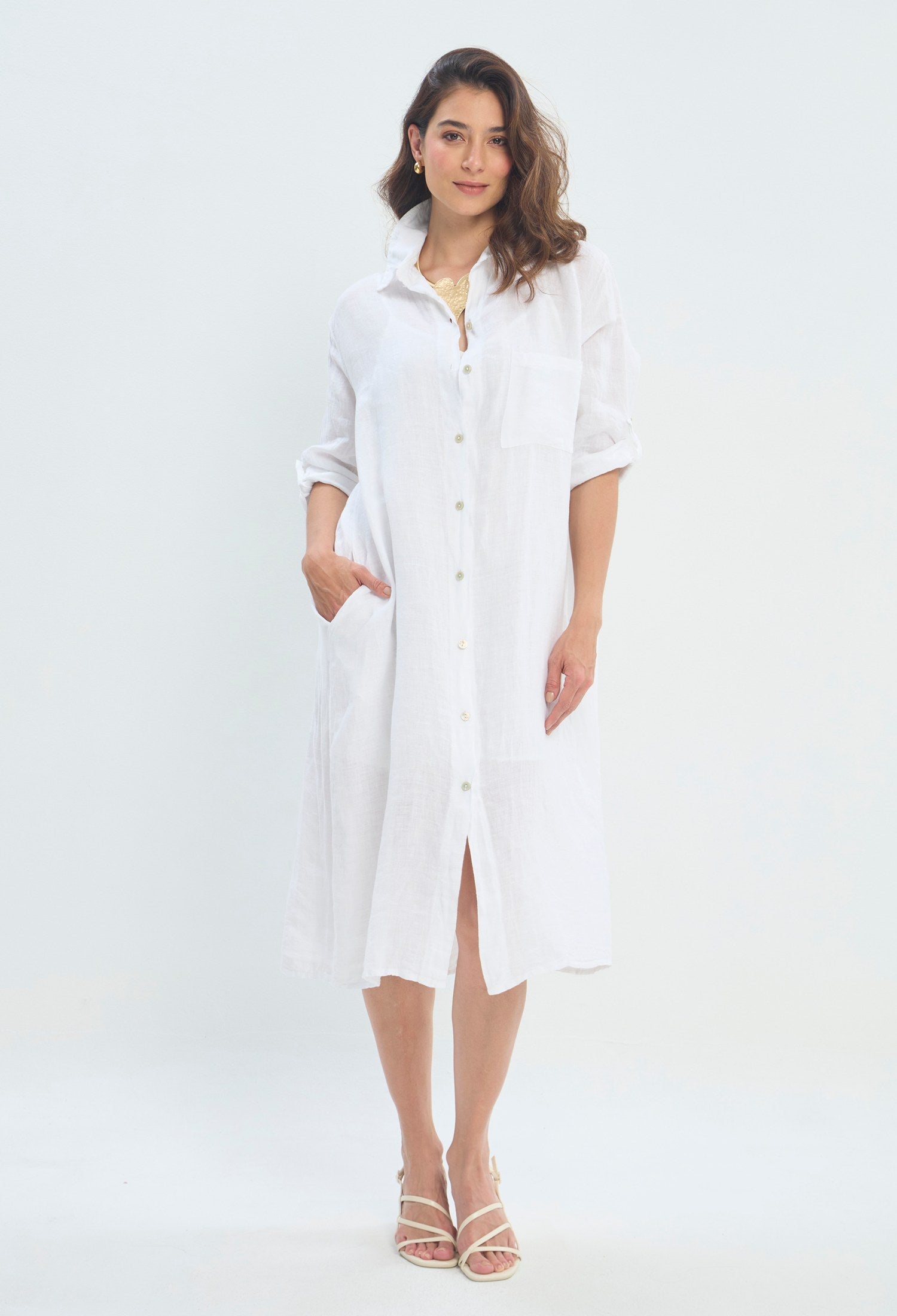 Vestido Largo Camisero Botones blanco sale BYBLA