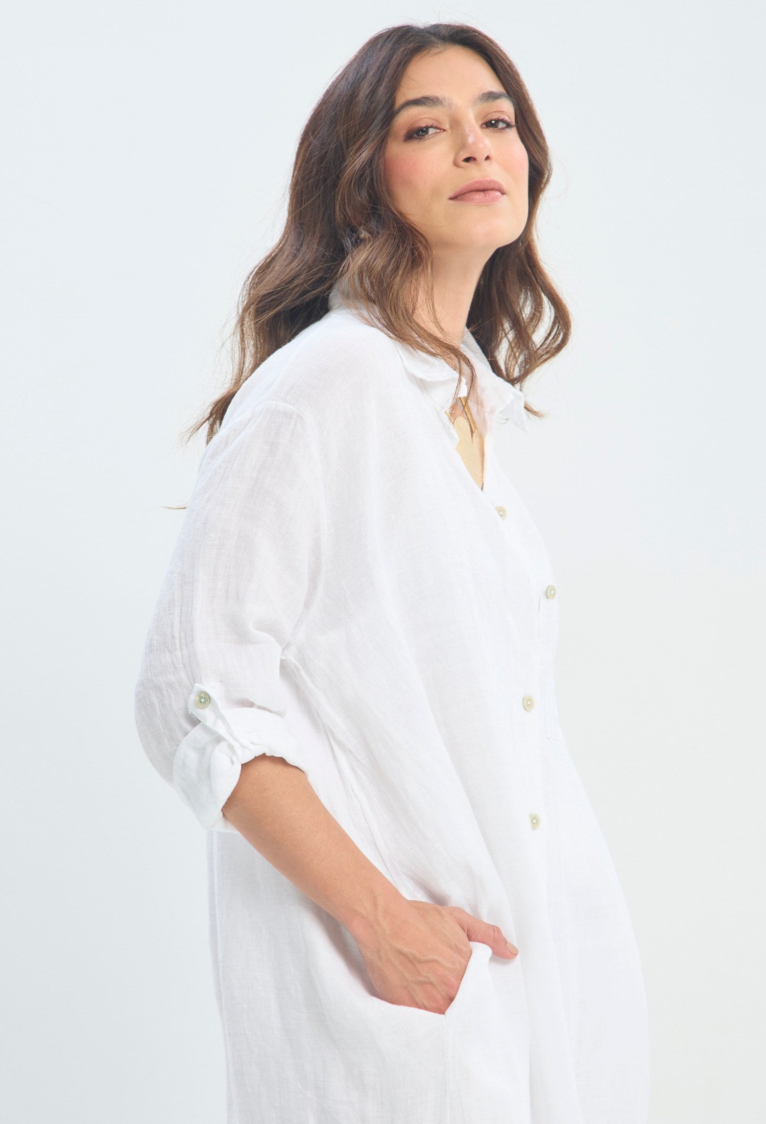 Vestido Largo Camisero Botones blanco sale BYBLA