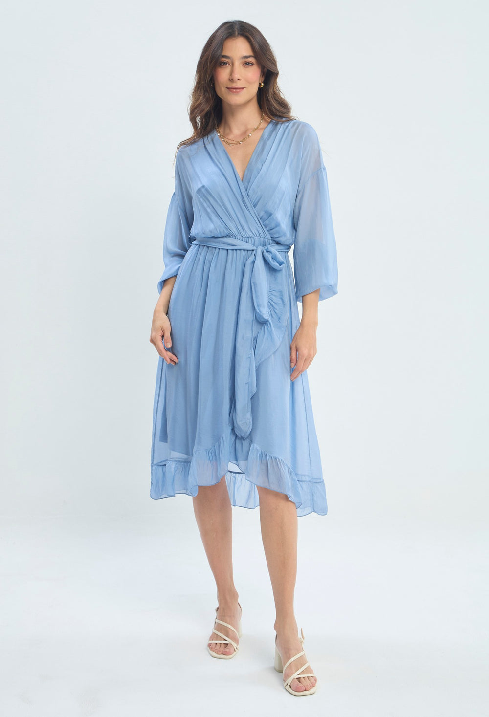Vestido Largo Cruzado con Cinturón azul celeste sale BYBLA