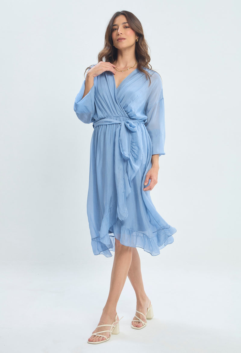 Vestido Largo Cruzado con Cinturón azul celeste sale BYBLA