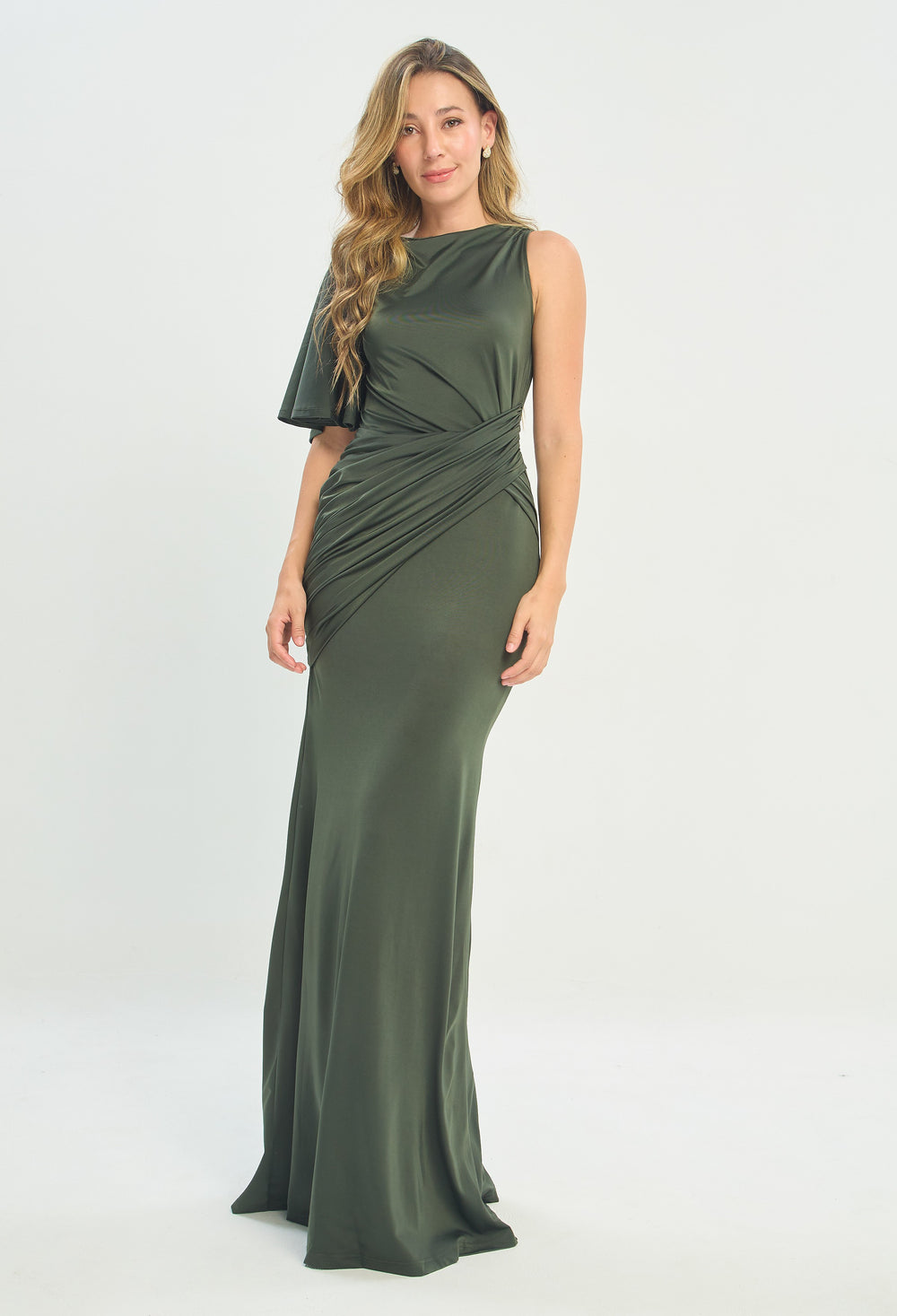 Vestido Largo Asimétrico Drapeado Verde Oliva BYBLA