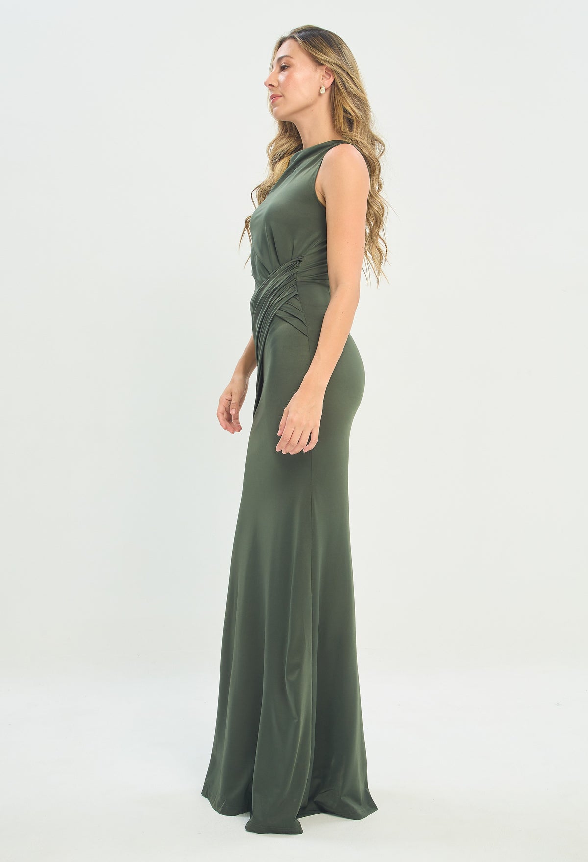 Vestido Largo Asimétrico Drapeado Verde Oliva BYBLA - vista 2