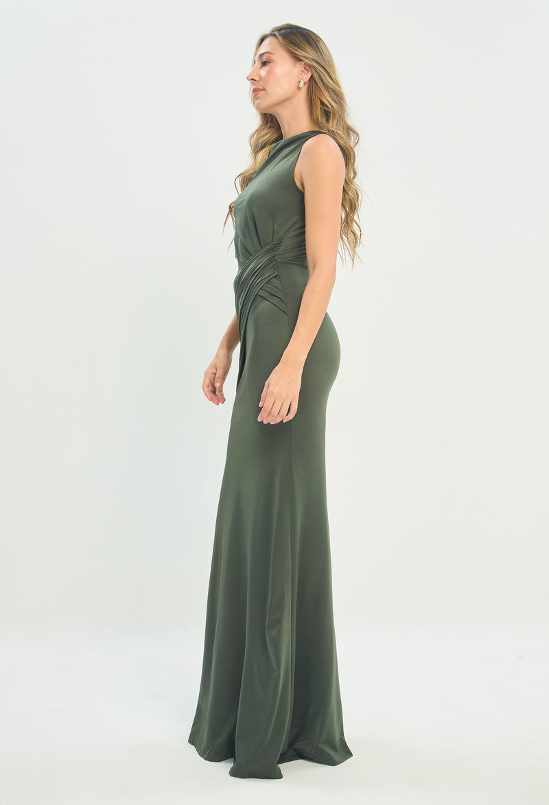 Vestido Largo Asimétrico Drapeado Verde Oliva BYBLA - vista 2