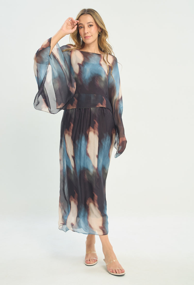 Vestido Largo con Blusa de Seda Azul y Café BYBLA - vista 2