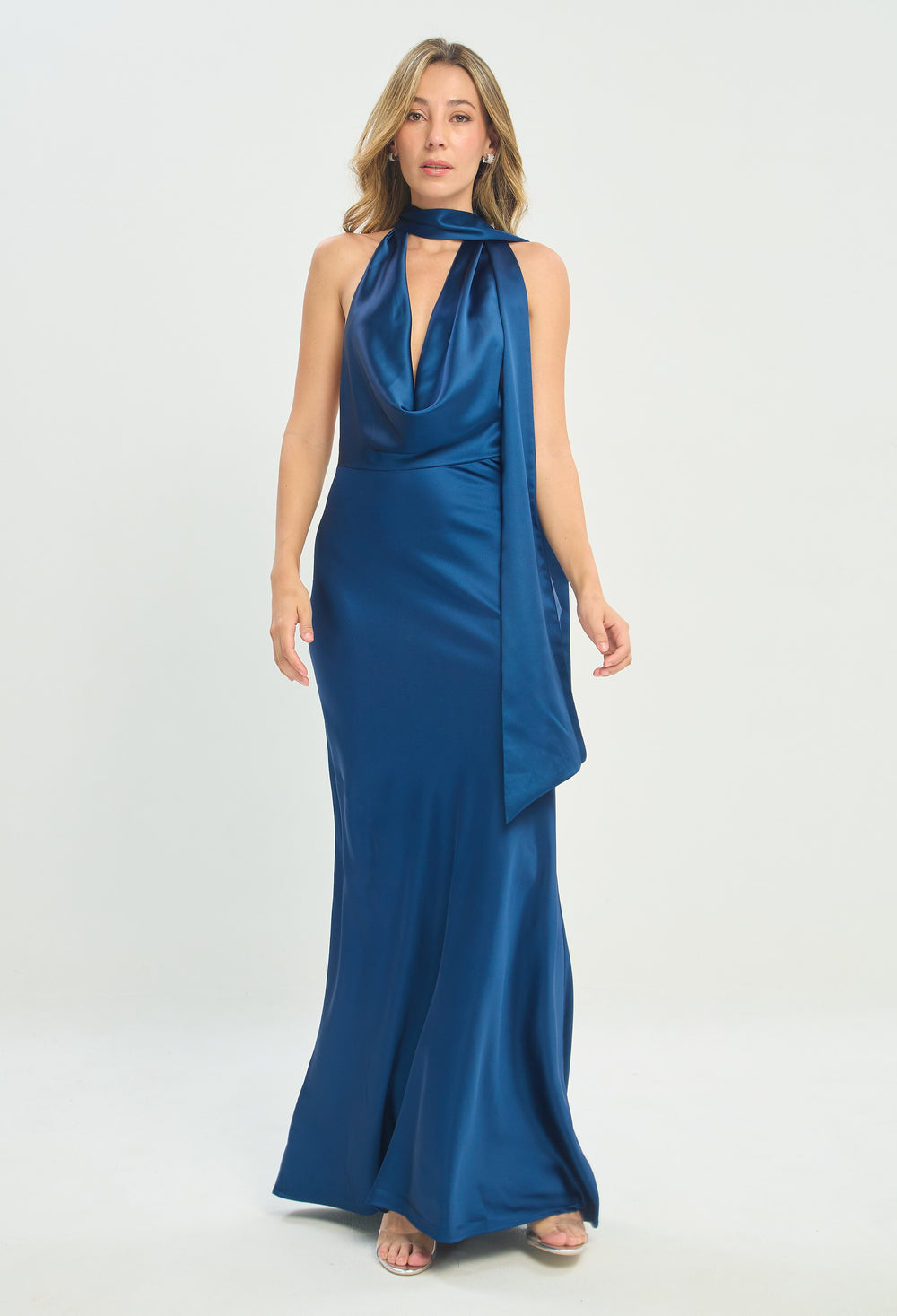 Vestido Largo con Bufanda Azul Petróleo BYBLA