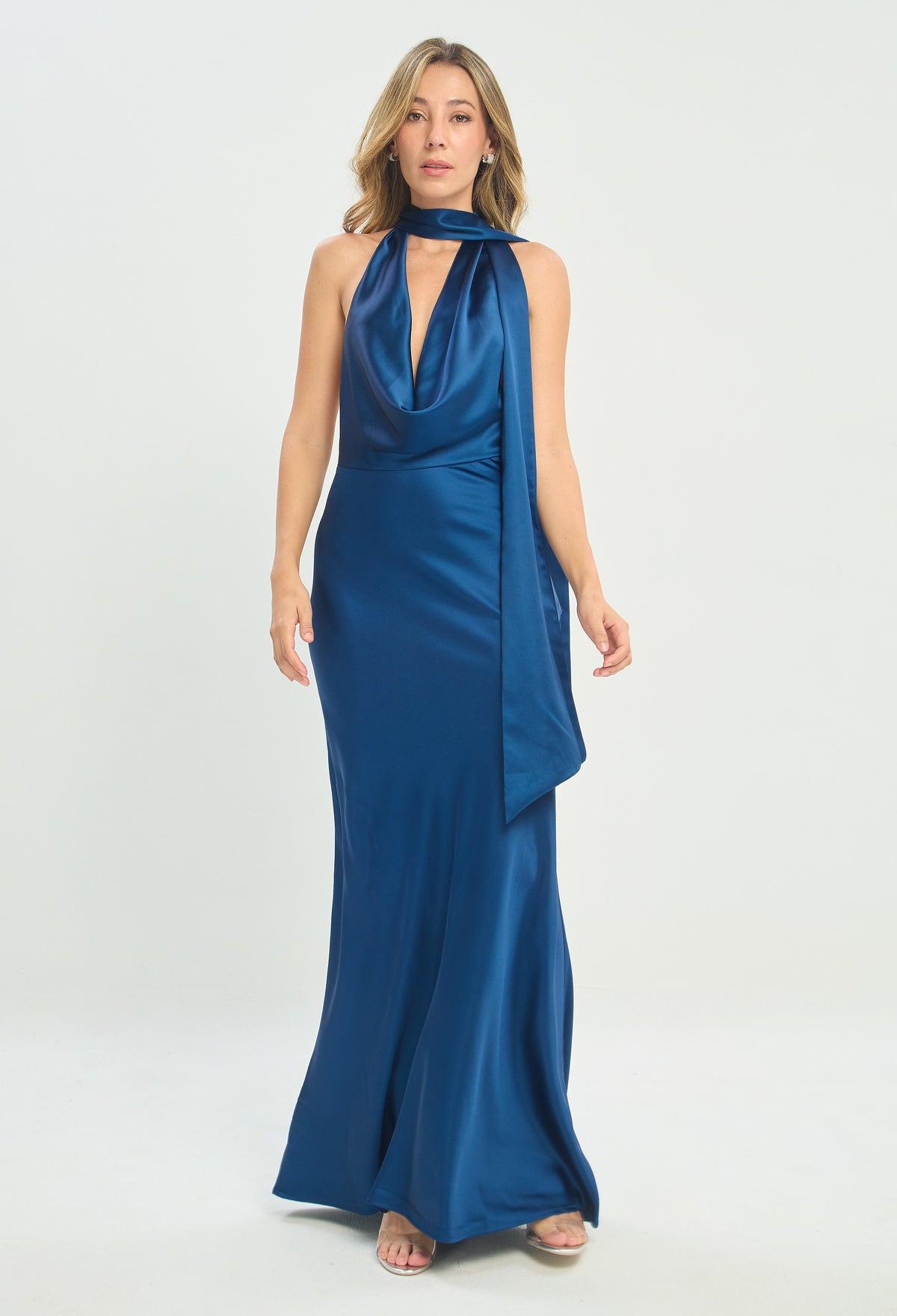Vestido Largo con Bufanda Azul Petróleo BYBLA
