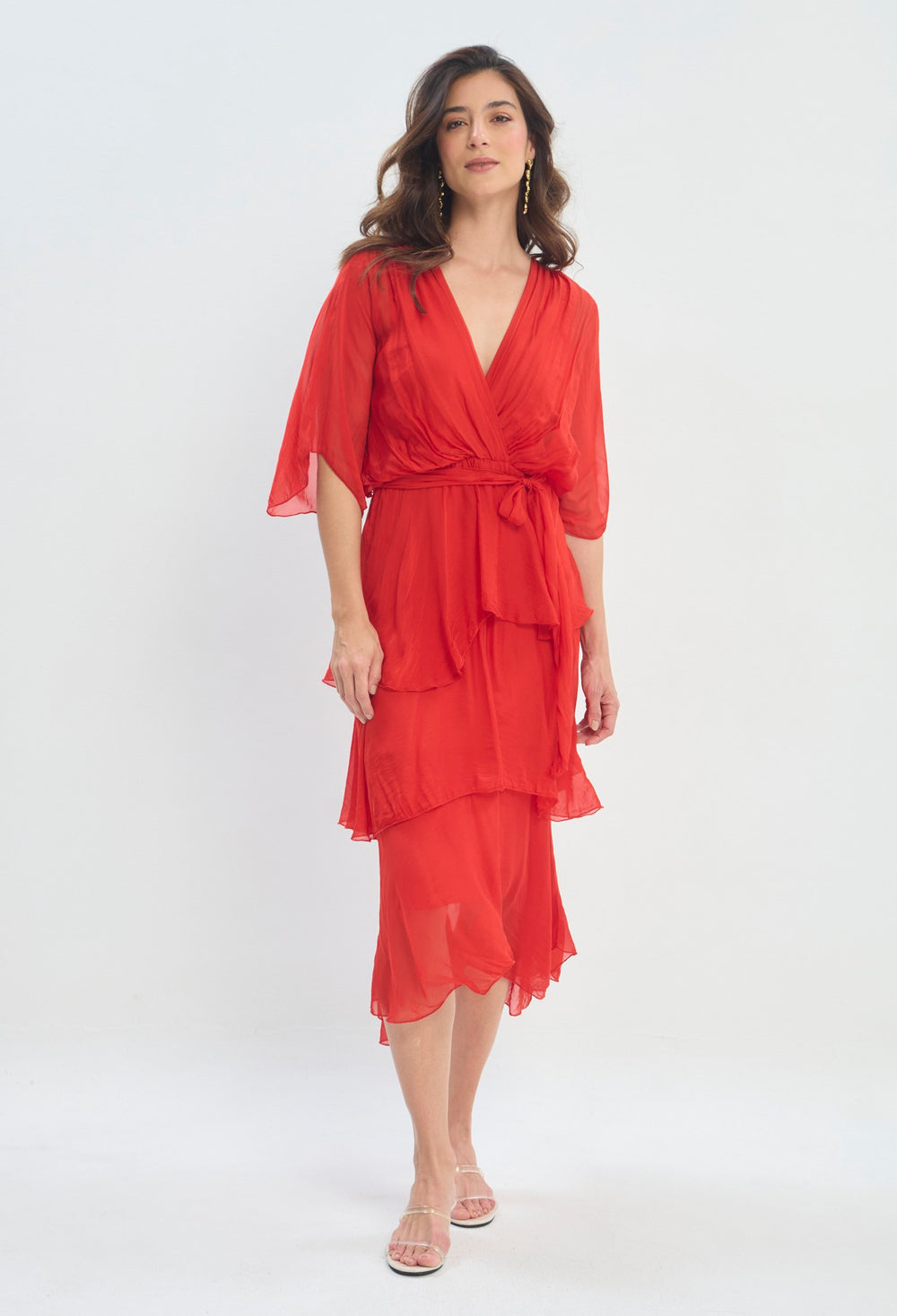 Vestido Largo Cruzado Capas rojo vivo BYBLA