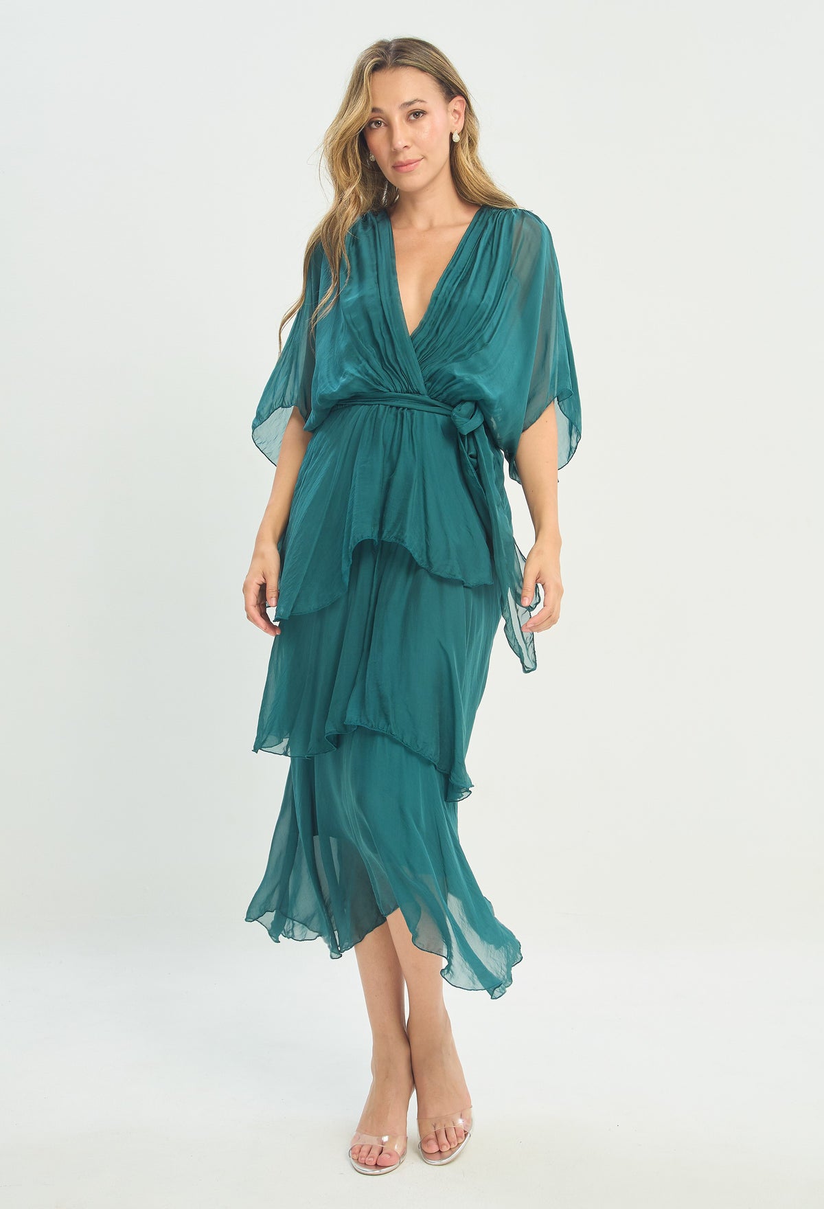 Vestido Largo Cruzado Volantes Verde Esmeralda BYBLA