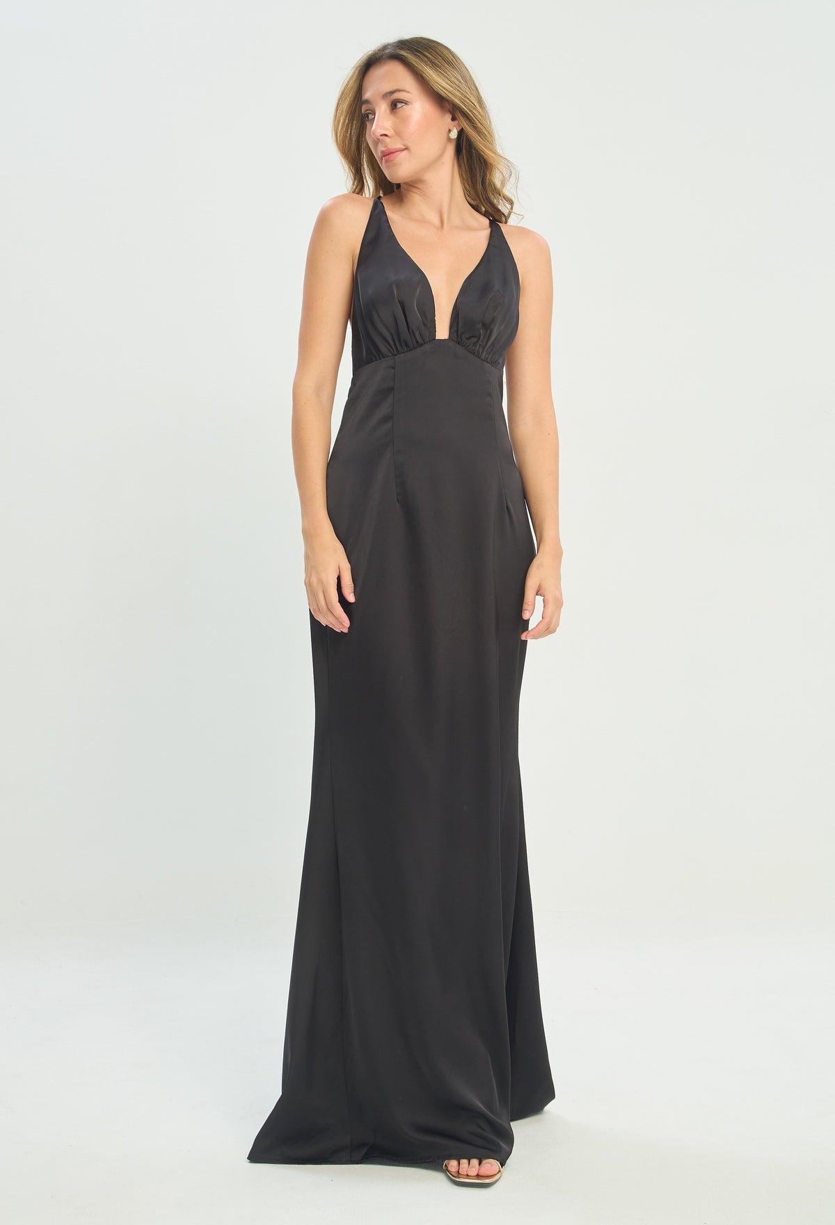 Vestido Largo Escote V Espalda Cruzada Negro BYBLA