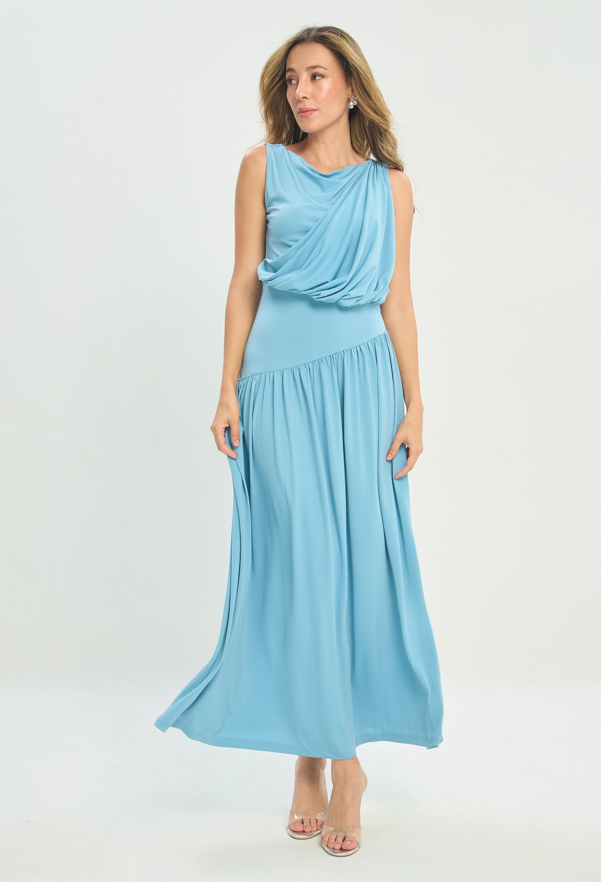 Vestido Largo Espalda Drapeada Azul Cielo BYBLA
