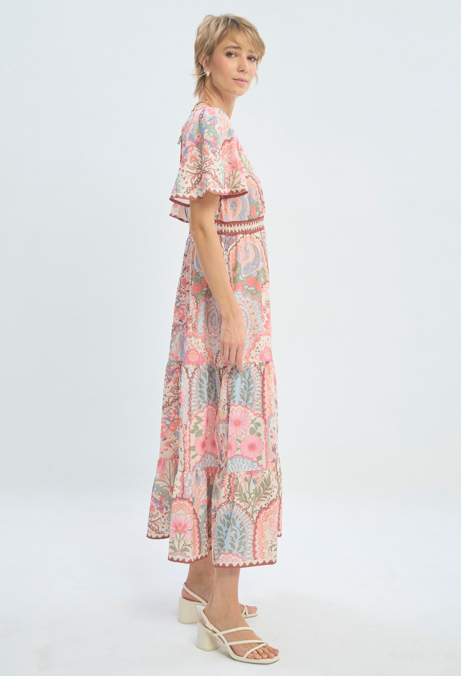 Vestido largo estampado floral rosa con mangas de vuelo BYBLA - vista 3