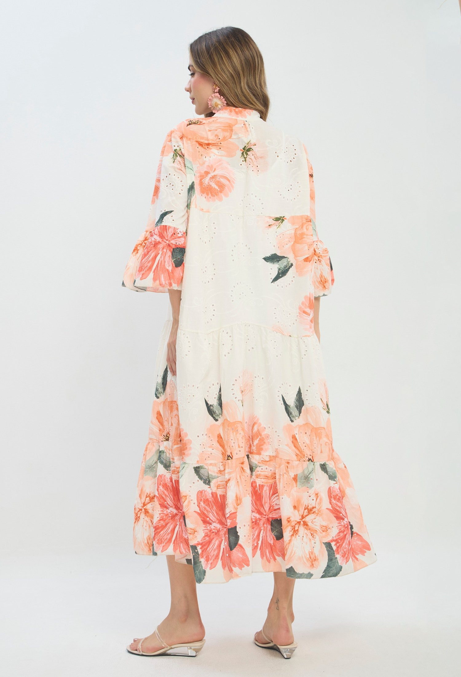 Vestido largo naranja con estampado floral y manga acampanada - vista 3