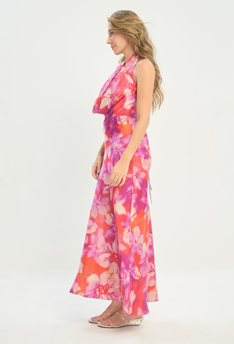 Vestido Largo Halter Satinado Flores Fucsia BYBLA - vista 2