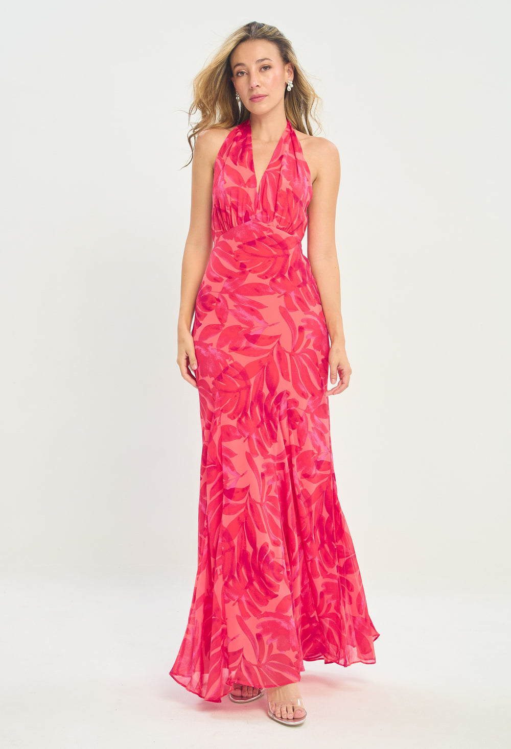 Vestido Largo Halter Sirena Hojas Fucsia BYBLA
