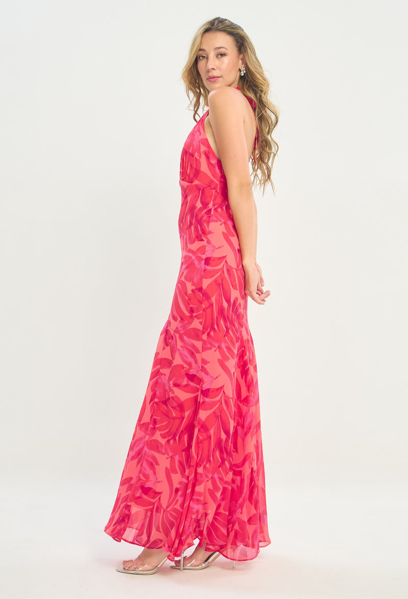 Vestido Largo Halter Sirena Hojas Fucsia BYBLA - vista 2