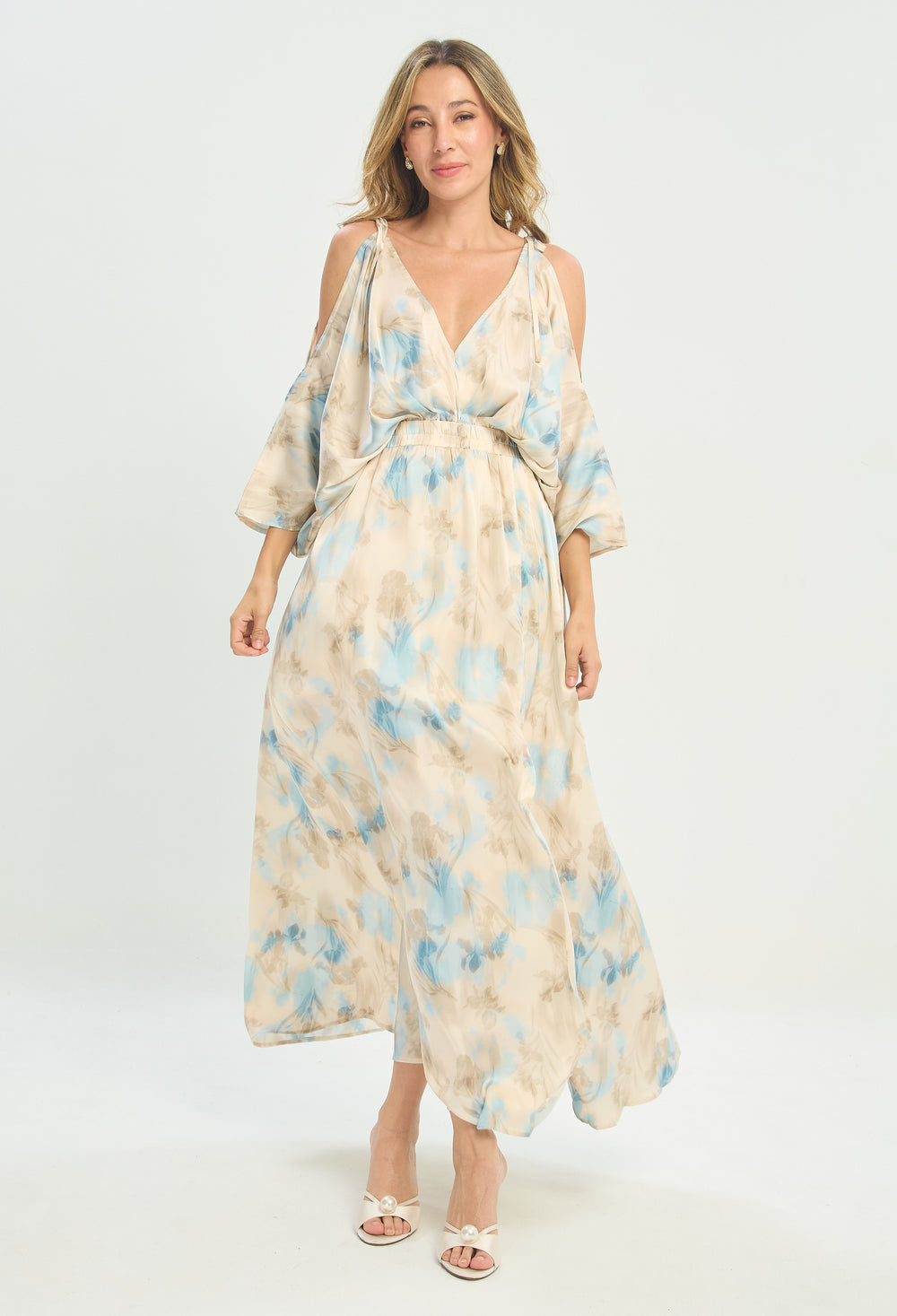 Vestido Largo Hombros Descubiertos Azul y Beige BYBLA