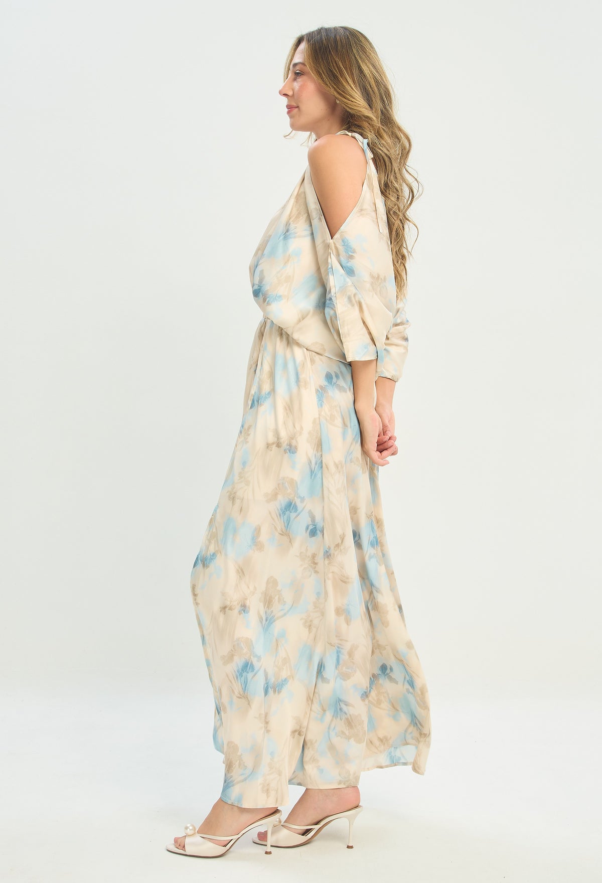 Vestido Largo Hombros Descubiertos Azul y Beige BYBLA - vista 2
