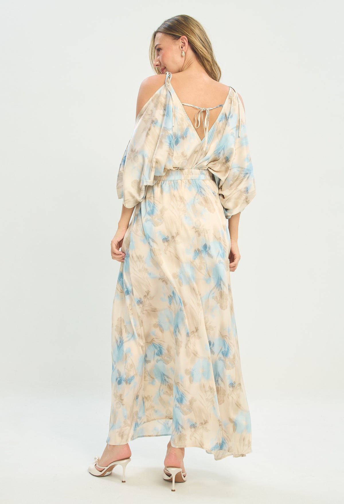 Vestido Largo Hombros Descubiertos Azul y Beige BYBLA - vista 6