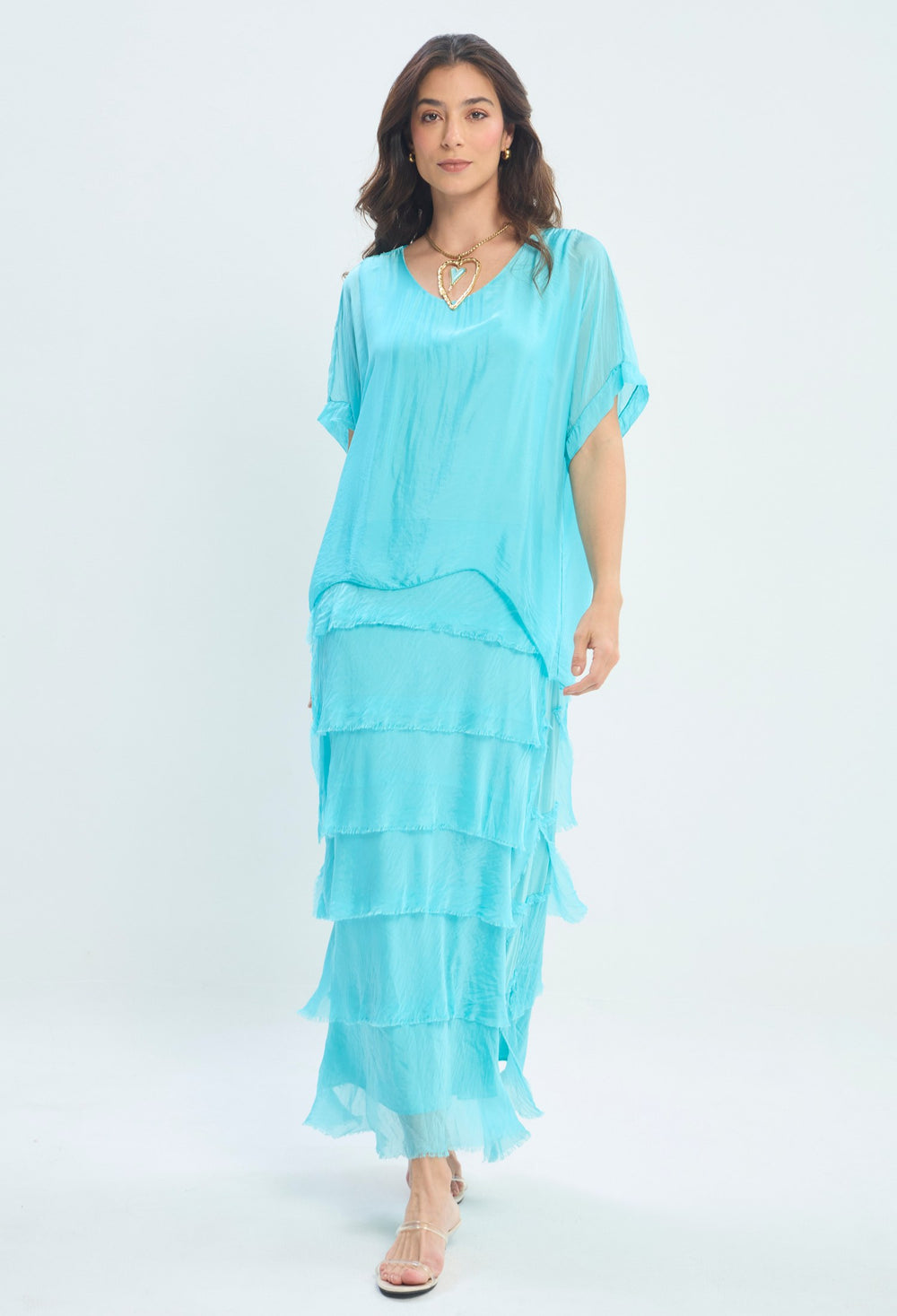 Vestido Largo Kaftán Satinado azul turquesa BYBLA