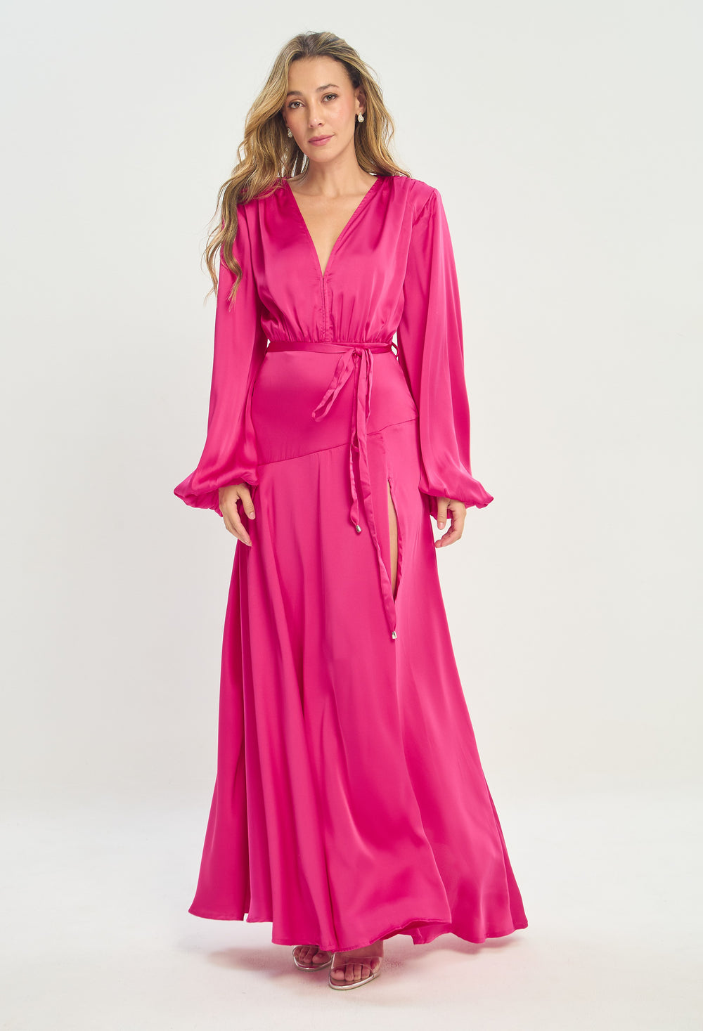 Vestido Largo Mangas Abullonadas Fucsia BYBLA