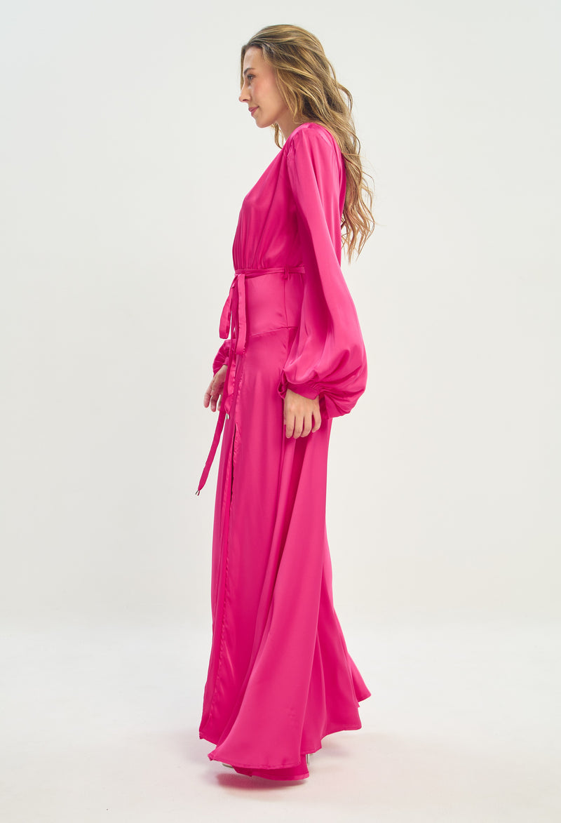 Vestido Largo Mangas Abullonadas Fucsia BYBLA - vista 2