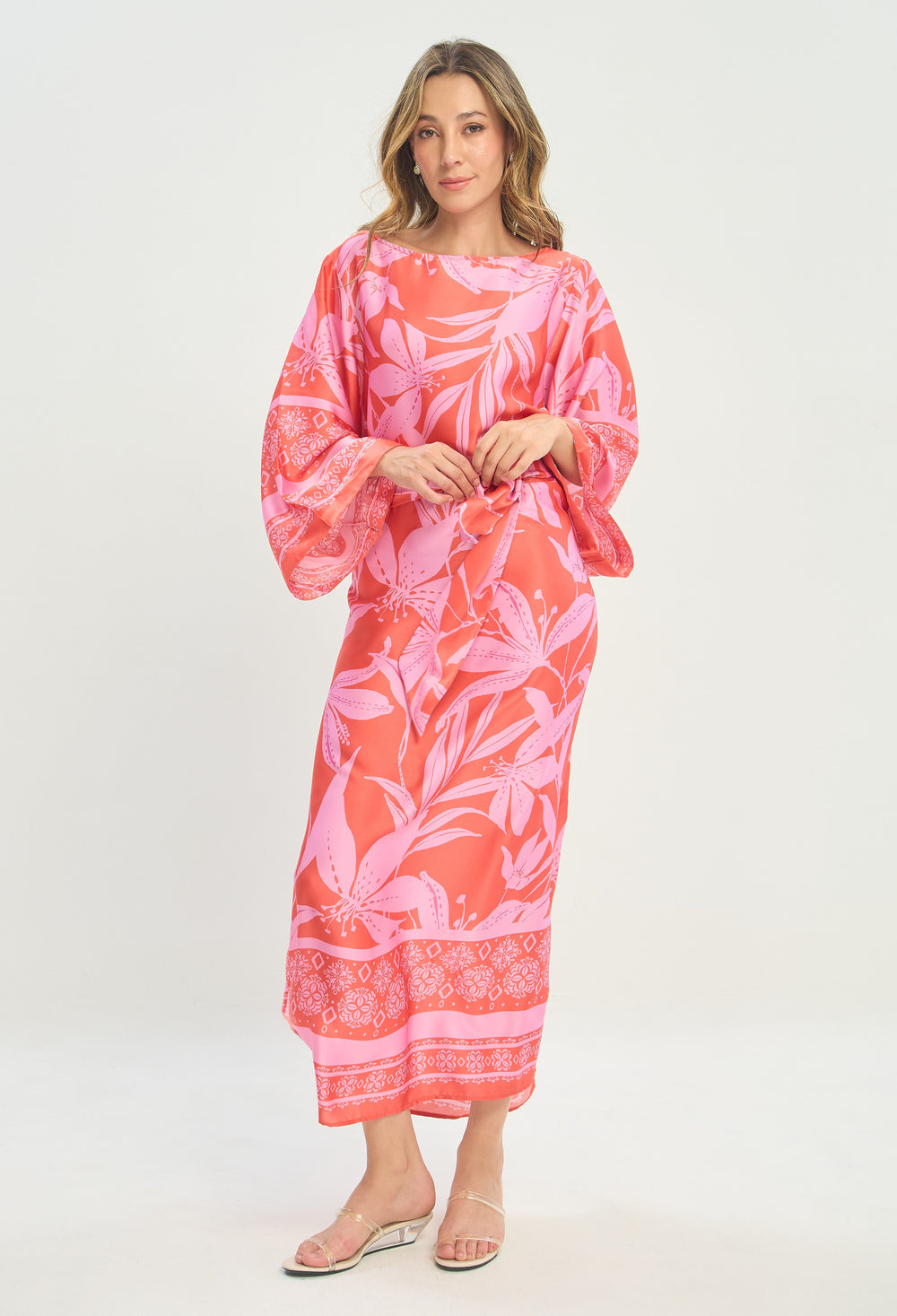 Vestido Largo Mangas Kimono Coral y Lila BYBLA