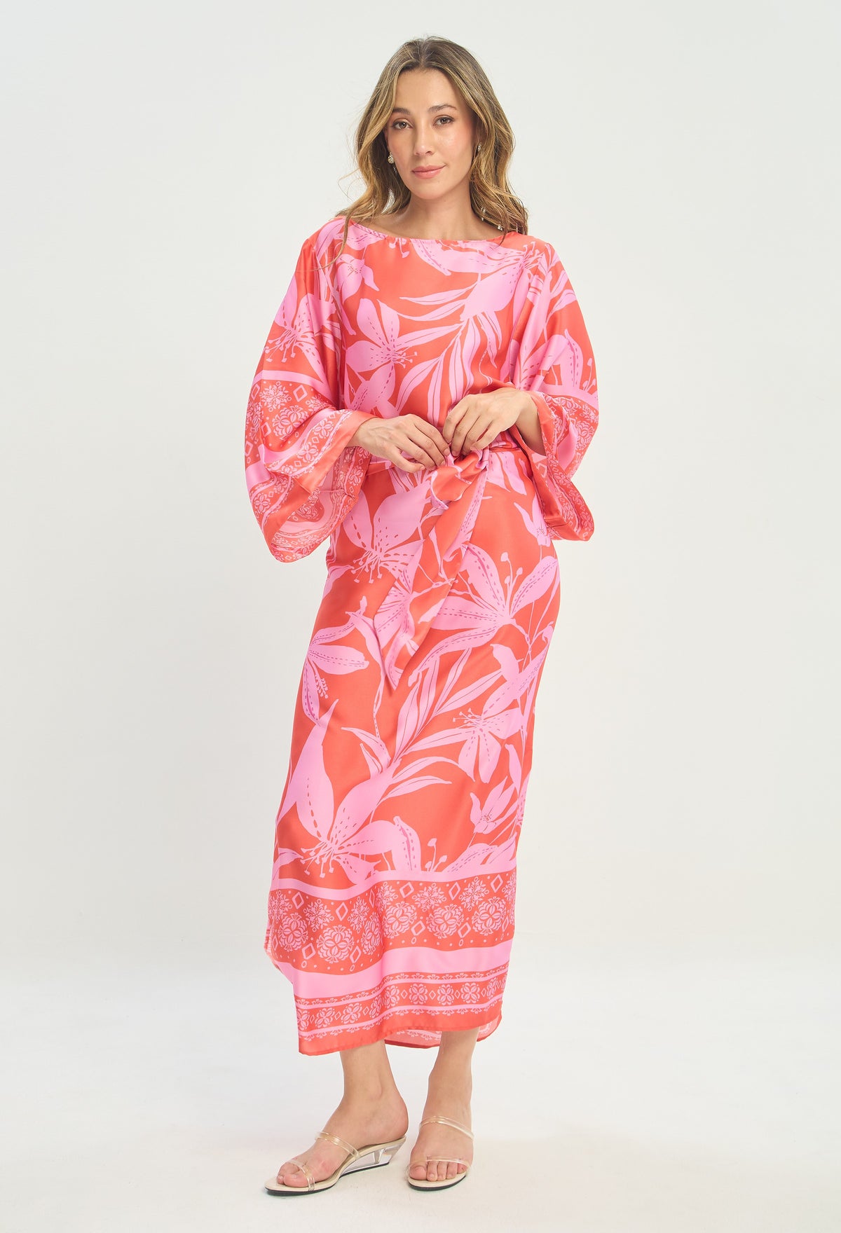Vestido Largo Mangas Kimono Coral y Lila BYBLA