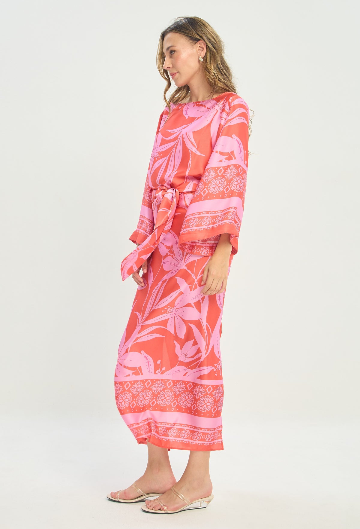 Vestido Largo Mangas Kimono Coral y Lila BYBLA - vista 2