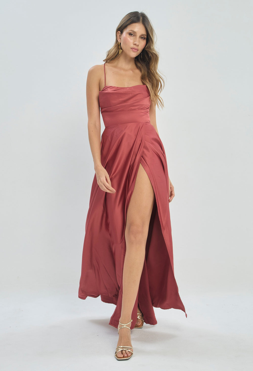 Vestido Largo Satinado Rosa Terracota BYBLA