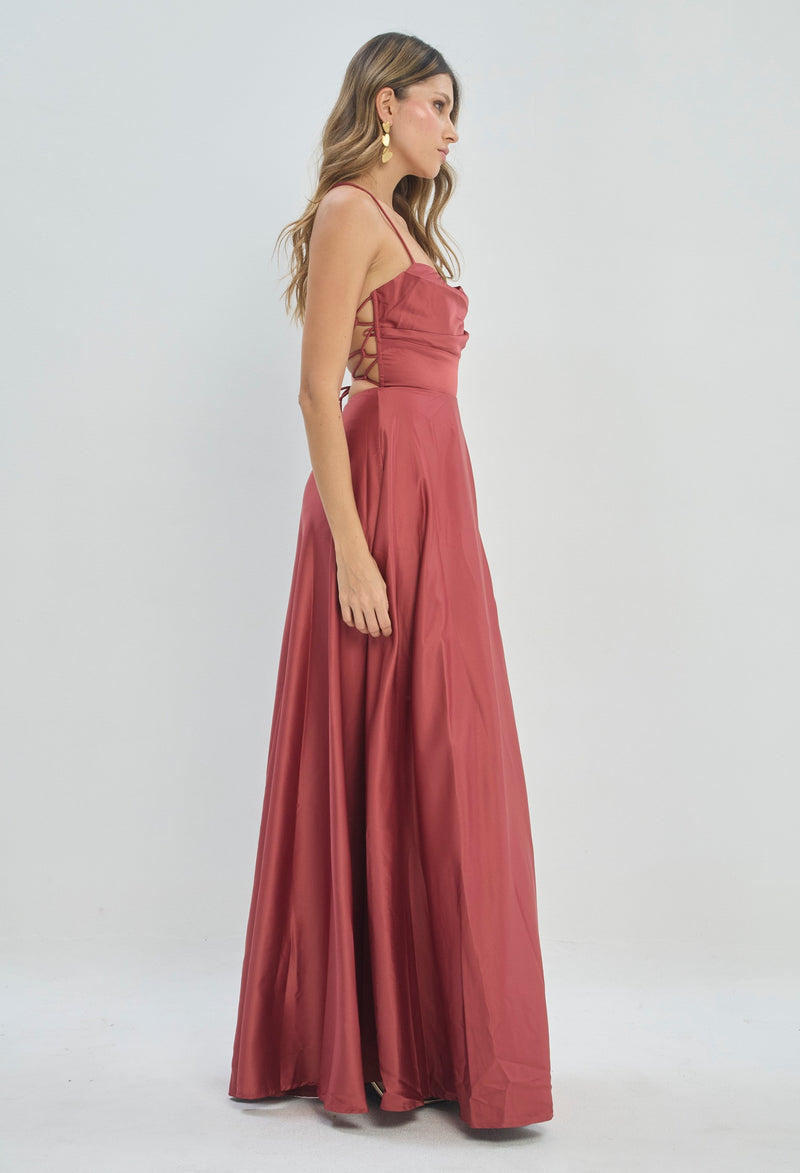 Vestido Largo Satinado Rosa Terracota BYBLA - vista 2