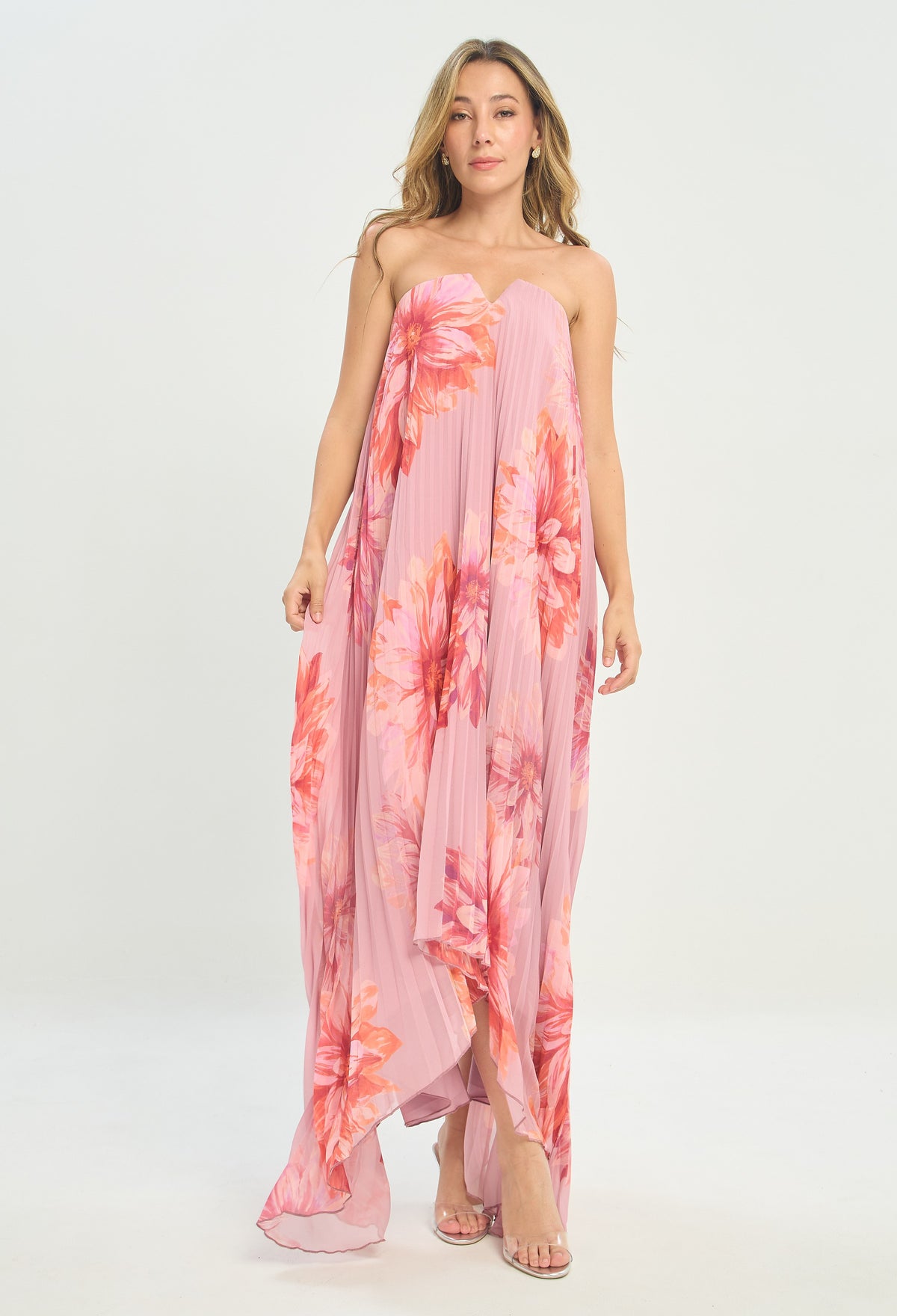 Vestido Largo Strapless Plisado Flores Rosa BYBLA