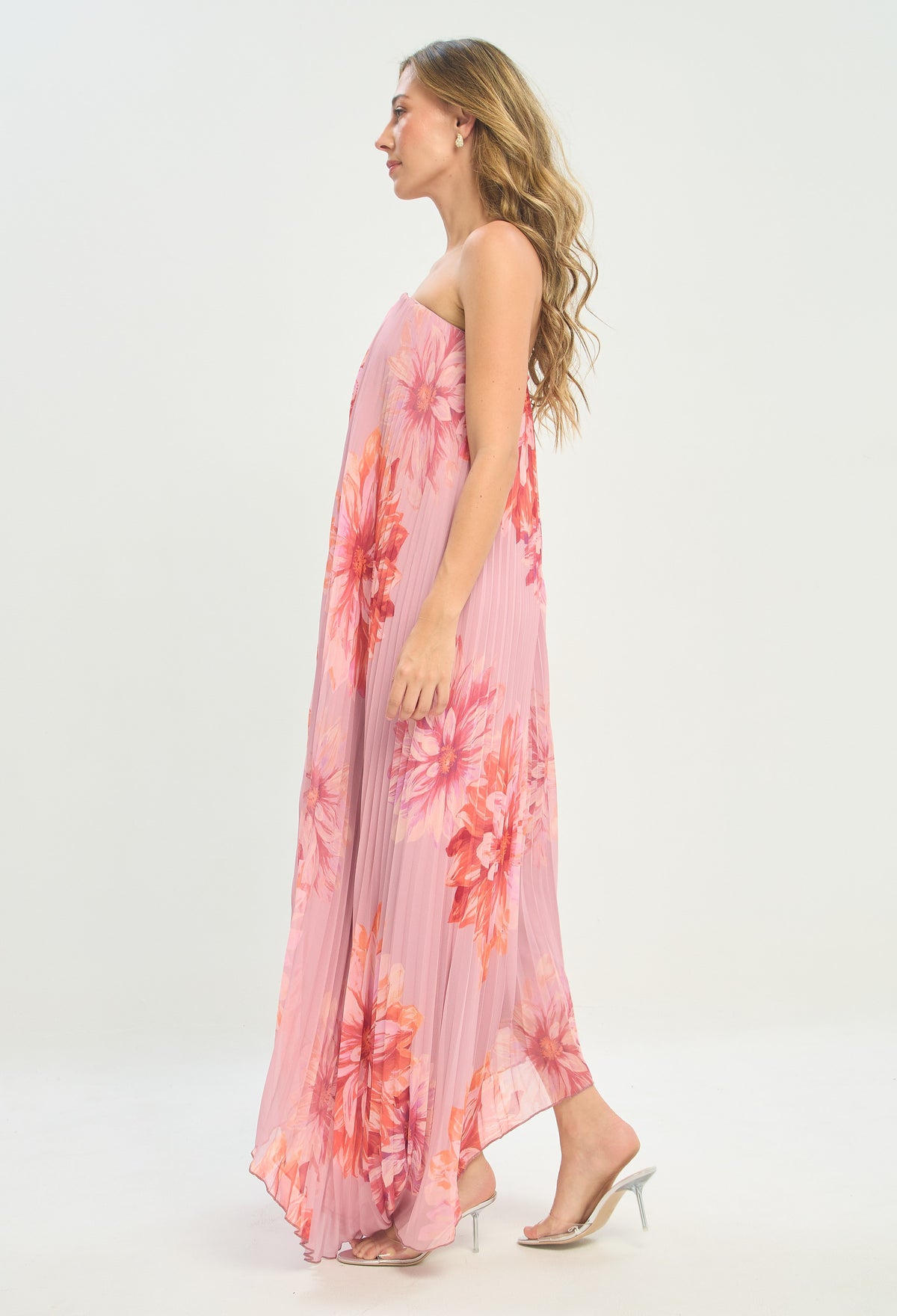 Vestido Largo Strapless Plisado Flores Rosa BYBLA - vista 2
