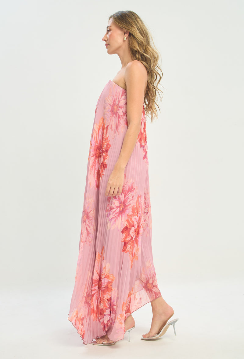 Vestido Largo Strapless Plisado Flores Rosa BYBLA - vista 2