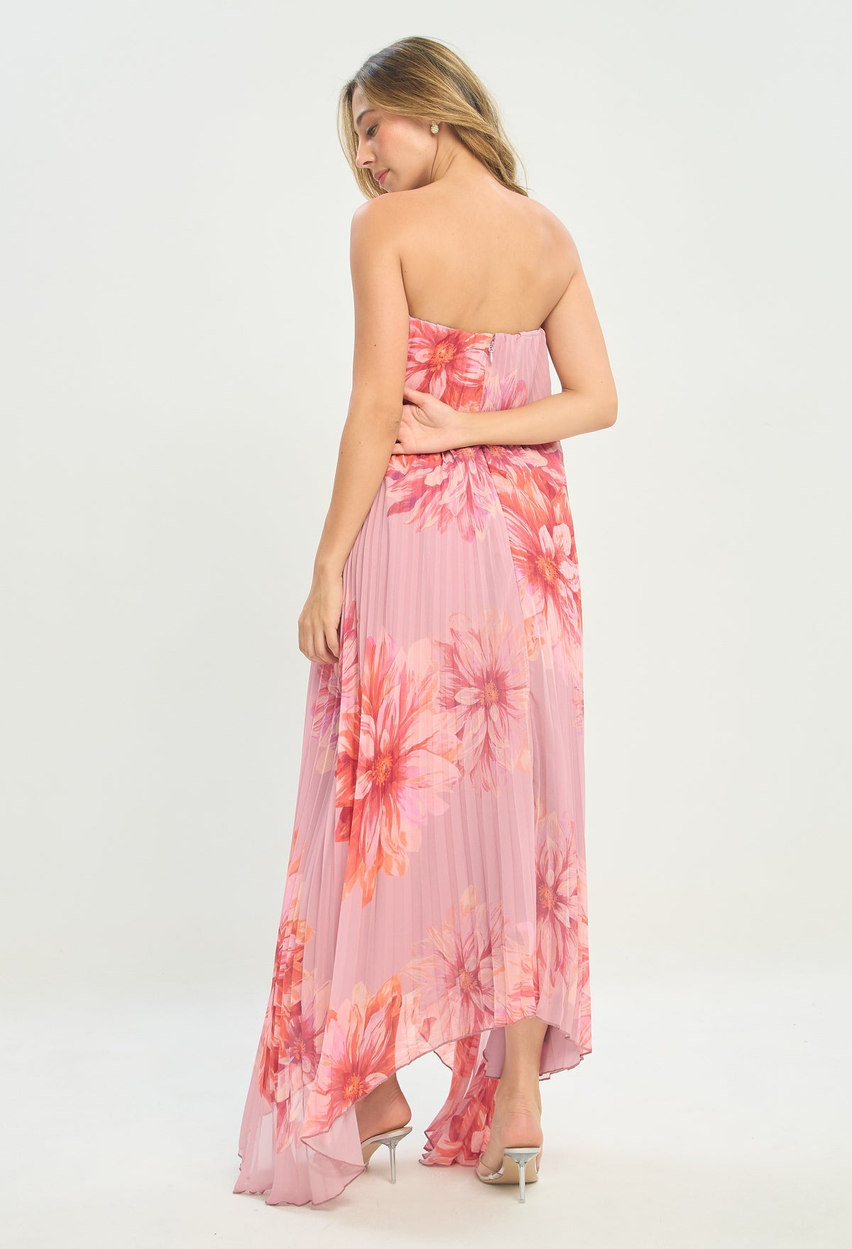 Vestido Largo Strapless Plisado Flores Rosa BYBLA - vista 3