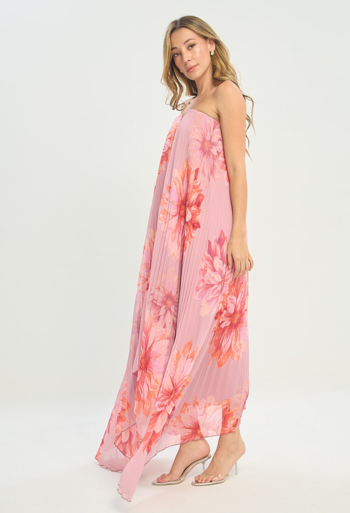 Vestido Largo Strapless Plisado Flores Rosa BYBLA - vista 5