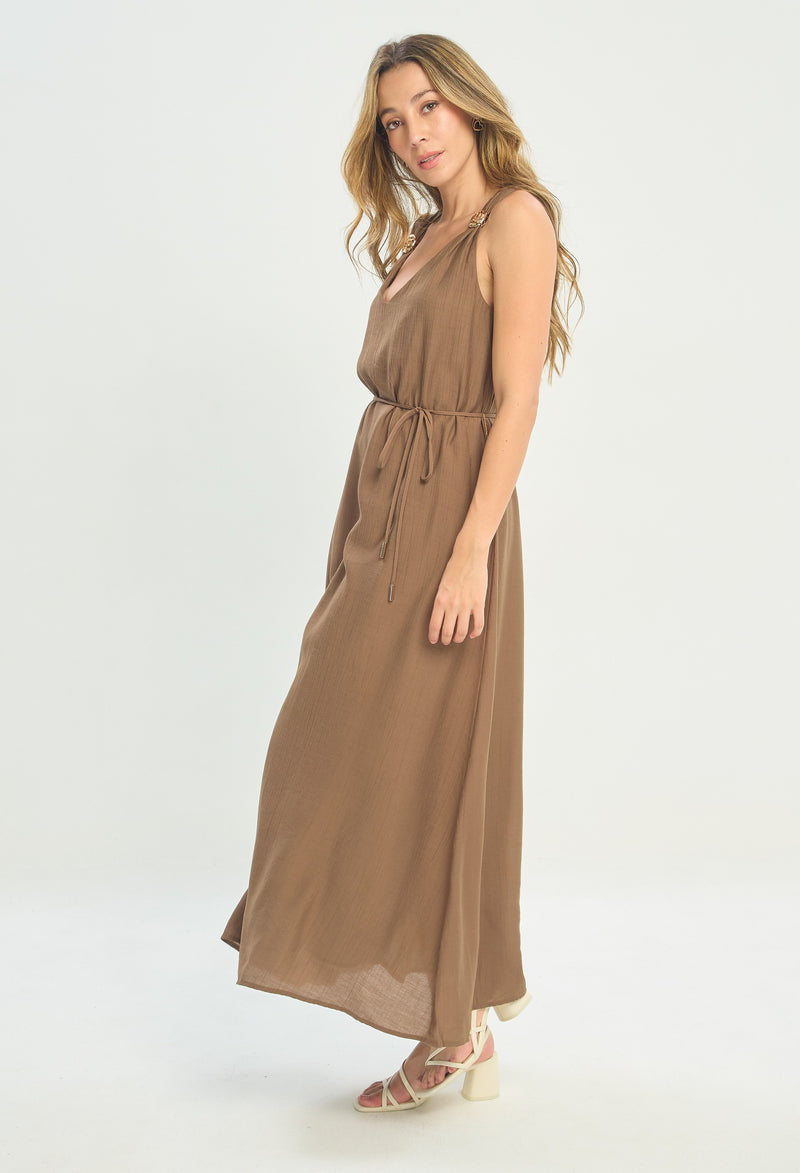 Vestido Largo Tiras con Cinturón Café BYBLA - vista 2