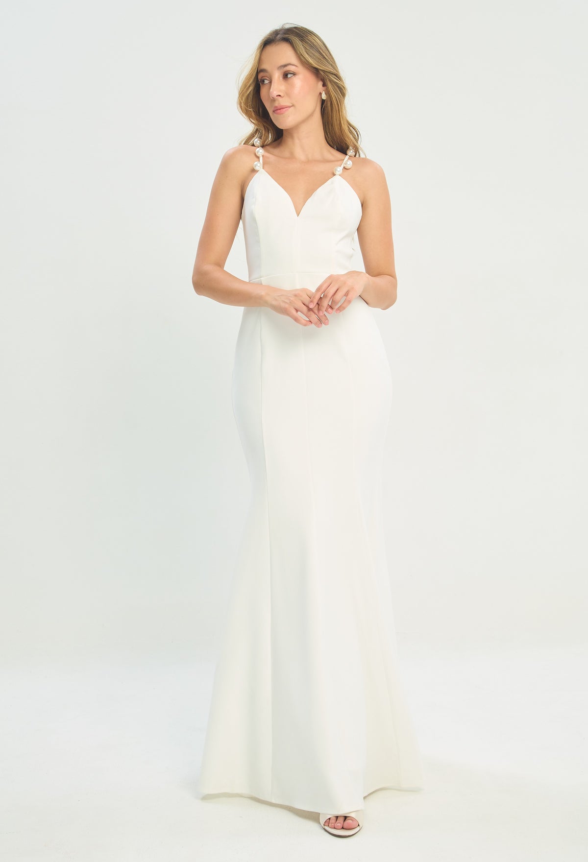 Vestido Largo Tiras de Perlas Blanco BYBLA