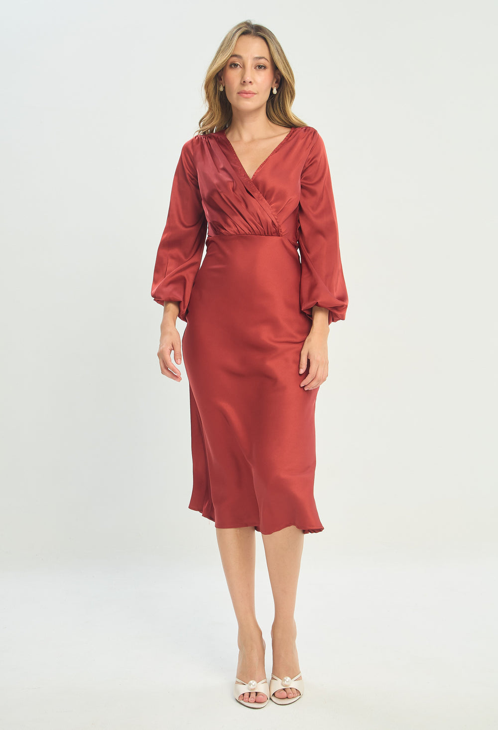 Vestido Midi Cruzado Manga Larga Terracota BYBLA